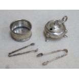 Mixed lot of hallmarked silver items including mustard pot, two pairs of sugar tongs plus cylinder