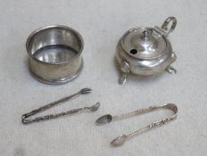 Mixed lot of hallmarked silver items including mustard pot, two pairs of sugar tongs plus cylinder