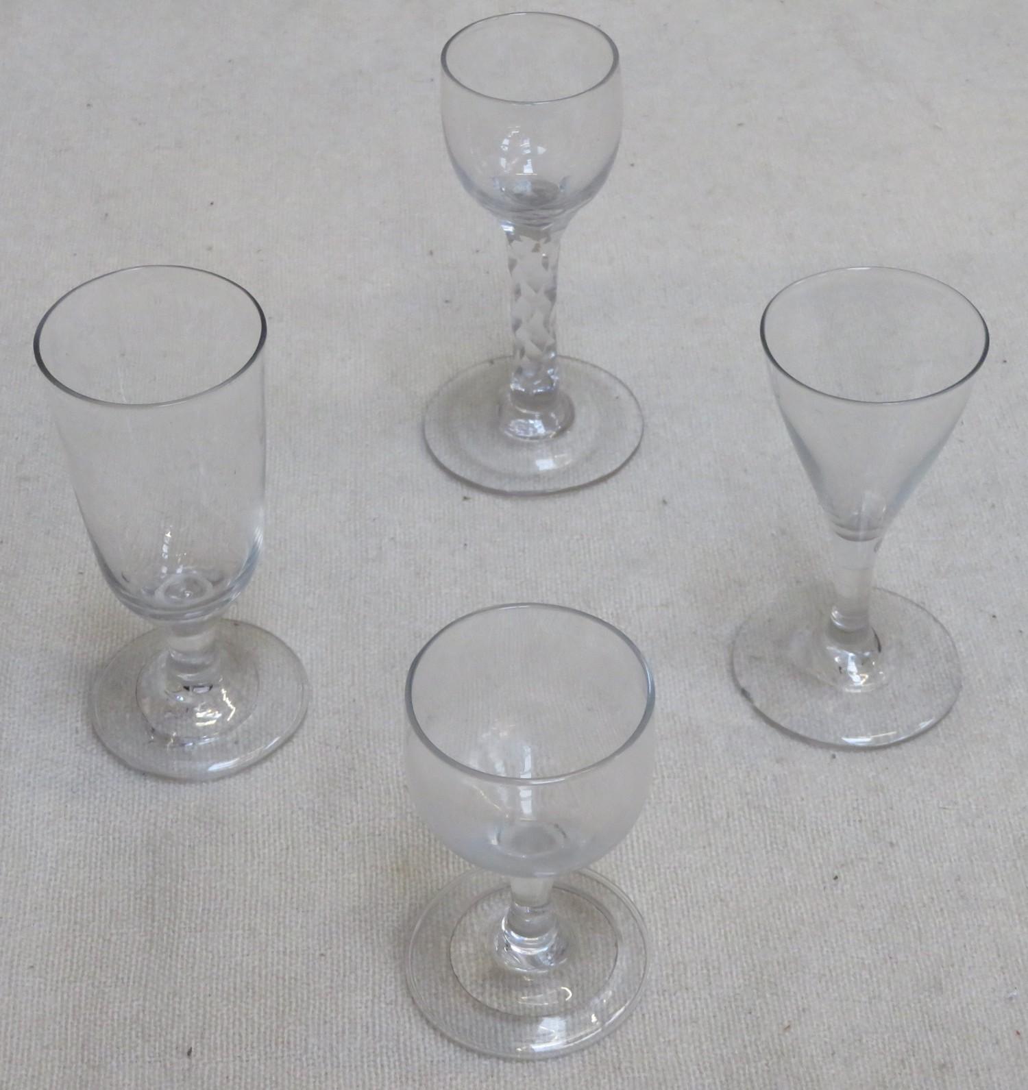 18th/19th facet cut stemmed drinking glass, plus three other various stemmed drinking glasses