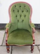 Victorian mahogany framed and green button back upholstered armchair. Approx. 97cm High