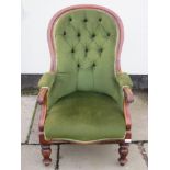 Victorian mahogany framed and green button back upholstered armchair. Approx. 97cm High