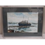 Linda Poggio - Framed 20th Century pen, ink and watercolour depicting ' Woodchurch' ferry boat