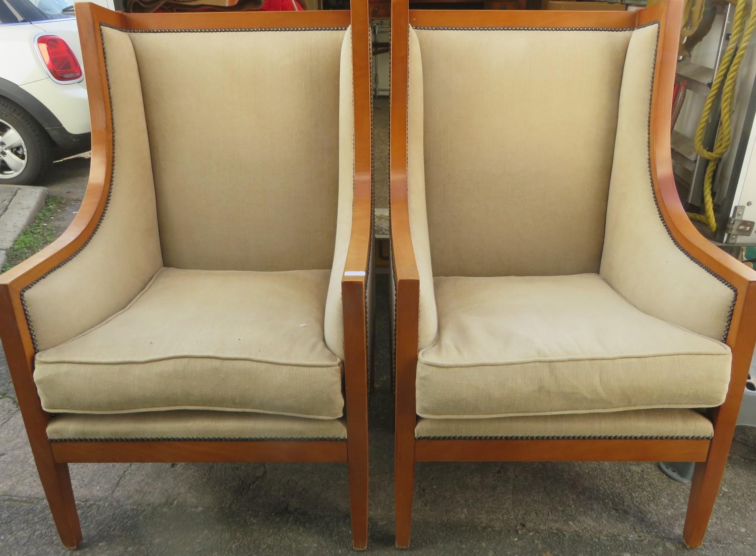 Pair of 20th century upholstered highback armchairs. Approx. 112cm H x 69cm W x 75cm D
