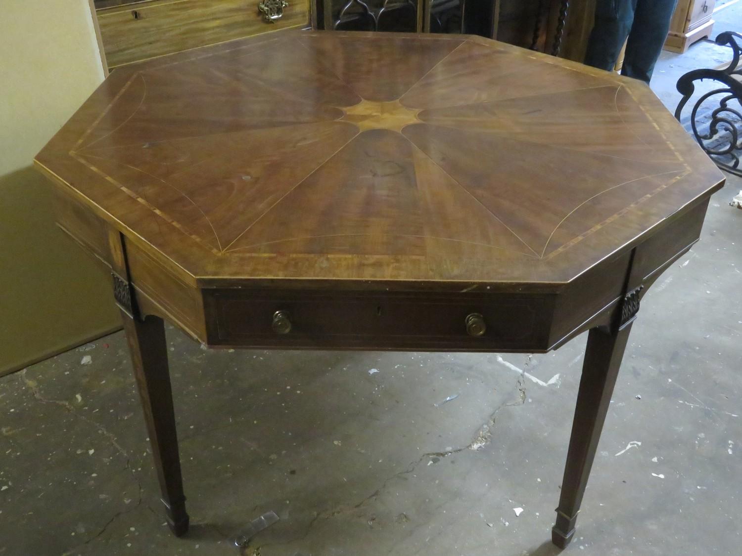 19th century mahogany inlaid octagonal table, fitted with two drawers. Approx. 76cms H x 114.5cms D