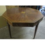 19th century mahogany inlaid octagonal table, fitted with two drawers. Approx. 76cms H x 114.5cms D