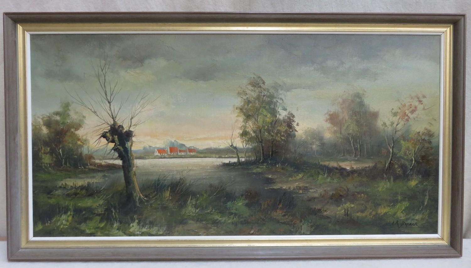 Mid 20th century framed oil on canvas depicting a country lake side scene with village in the