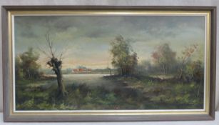 Mid 20th century framed oil on canvas depicting a country lake side scene with village in the