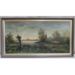 Mid 20th century framed oil on canvas depicting a country lake side scene with village in the