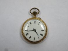 Pretty French style 18k gold ladies fob watch, with enamelled circular dial, roman numerals, Swiss