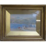 19th century gilt framed watercolour, depicting figures beside a lake, possibly Lucerne,