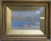 19th century gilt framed watercolour, depicting figures beside a lake, possibly Lucerne,