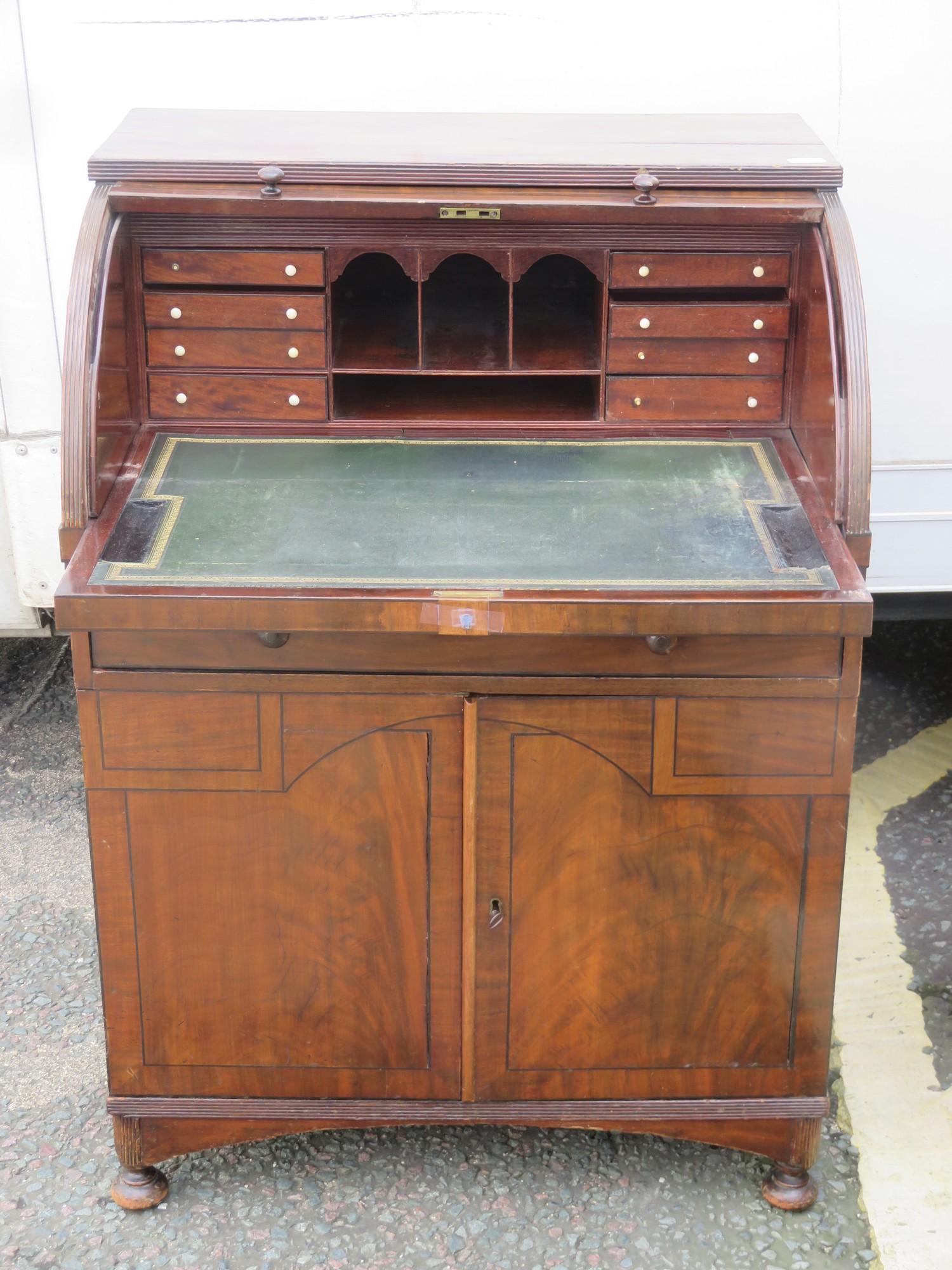 19th century mahogany roll topped desk, with nicely fitted interior, Approx H 109cm x W 77cm x D - Image 2 of 2