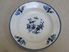 18th/19th century blue and white glazed ceramic shallow dish, decorated with insects and floral