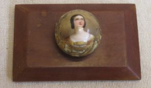 Small Victorian ceramic sphere, gilded and handpainted with portrait, mounted on wooden plinth