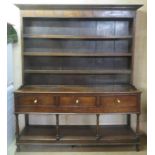 19th oak three drawer welsh style kitchen dresser, with plate rack and pot board. Approx. 222cm H