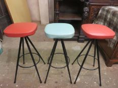 Set of three mid 20th century retro barstools. Approx. 68cm H x 30cm Diameter