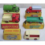 Five 1950's boxed Dinky Toys commercial vehicles including 252 Bin Lorry - in green