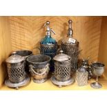 A pair of silverplated siphon holders and other silverplated items.