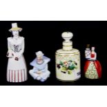 Three figural porcelain perfume bottles and a further perfume bottle (Harlequin A/F) tallest H.