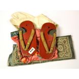 A pair of 1920's Japanese women's sandles and winter cotton shoes together with an emroidered