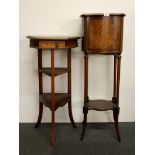 A 19th Century Tunbridge ware inlaid mixed wood plant stand with a mahogany hexagonal topped