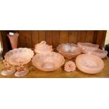 Eleven pieces of Art Deco pink frosted glass.