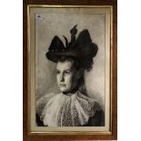 A Victorian framed charcoal portrait of a girl wearing a bonnet, frame size 51 x 67cm.