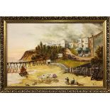 A gilt framed oil on canvas of Southend on Sea and pier as it would have been in the 18th century