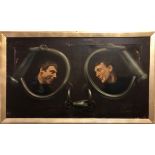 An unusual portrait of two male characters in a pair of handcuffs signed Geo. Lazar, Cardiff, framed