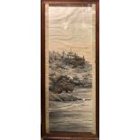 Two large framed Japanese woven silk panels, framed size 173 x 67cm.