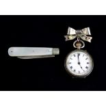 A silver lady's fob watch and a mother of pearl and silver fruit knife.