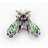 A 925 silver enamelled brooch/ pendant set with amethyst, size 4 x 4cm.