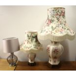 Two porcelain table lamps and a further glass table lamp and shade, tallest H. 90cm.