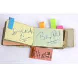 A miniature autograph album, size 8 x 5cm. Includes Spike Milligan, Max Bygraves and Peter Sellers.