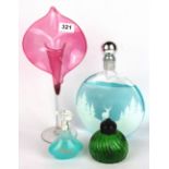 A Victorian bud glass vase and three perfume bottles, tallest 32cm.