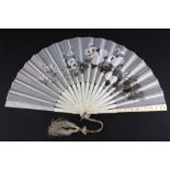 An early 20th century Chinese carved ivory mounted hand painted and embroidered silk fan, L. 21cm.