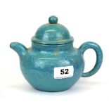 A Chinese Yixing terracotta teapot with robins egg glaze, H. 14cm