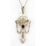 A boxed Edwardian 9ct yellow gold amethyst and seed pearl set necklace, L. 5.5cm.