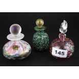 A green Murano glass perfume bottle, an Isle of Wight and one other perfume bottle, tallest H.