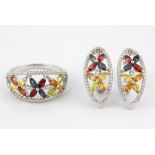 A pair of 925 silver earrings set with marquise cut fancy coloured sapphires, rubies and cubic