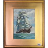 A gilt framed pastel of a sailing ship signed C M Heathcote, framed size 49.6 x 57.5cm.