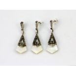 A pair of 925 silver and marcasite mother of pearl set drop earrings and matching pendant, L. 4.