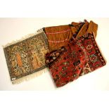 A small hand woven Eastern prayer mat, 61 x 50cm, together with a hand woven wool blanket and a