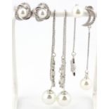 Two pairs of 925 silver stone set drop earrings and a further pair of 925 silver stud earrings.