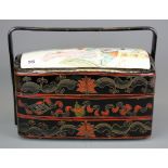 A Chinese carved wooden lacquered hand painted sectional box with handle, size 32.5 x 26 x 17cm.