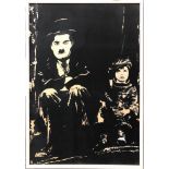 A framed contemporary painting on silk of Charlie Chaplin, framed size 67.2 x 47cm.