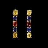 A pair of 925 silver gilt drop earrings set with sapphires, fancy yellow sapphires and rubies, L.