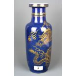 A Chinese blue glazed porcelain vase with gilt decoration of dragons, H. 30cm.