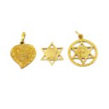 Two 18ct yellow gold (stamped 18k) pendants and a further yellow metal pendant (A/F).