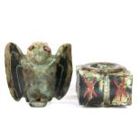 Two interesting Chinese mosaic inlaid and hand painted carved stone items, bird H. 10cm.